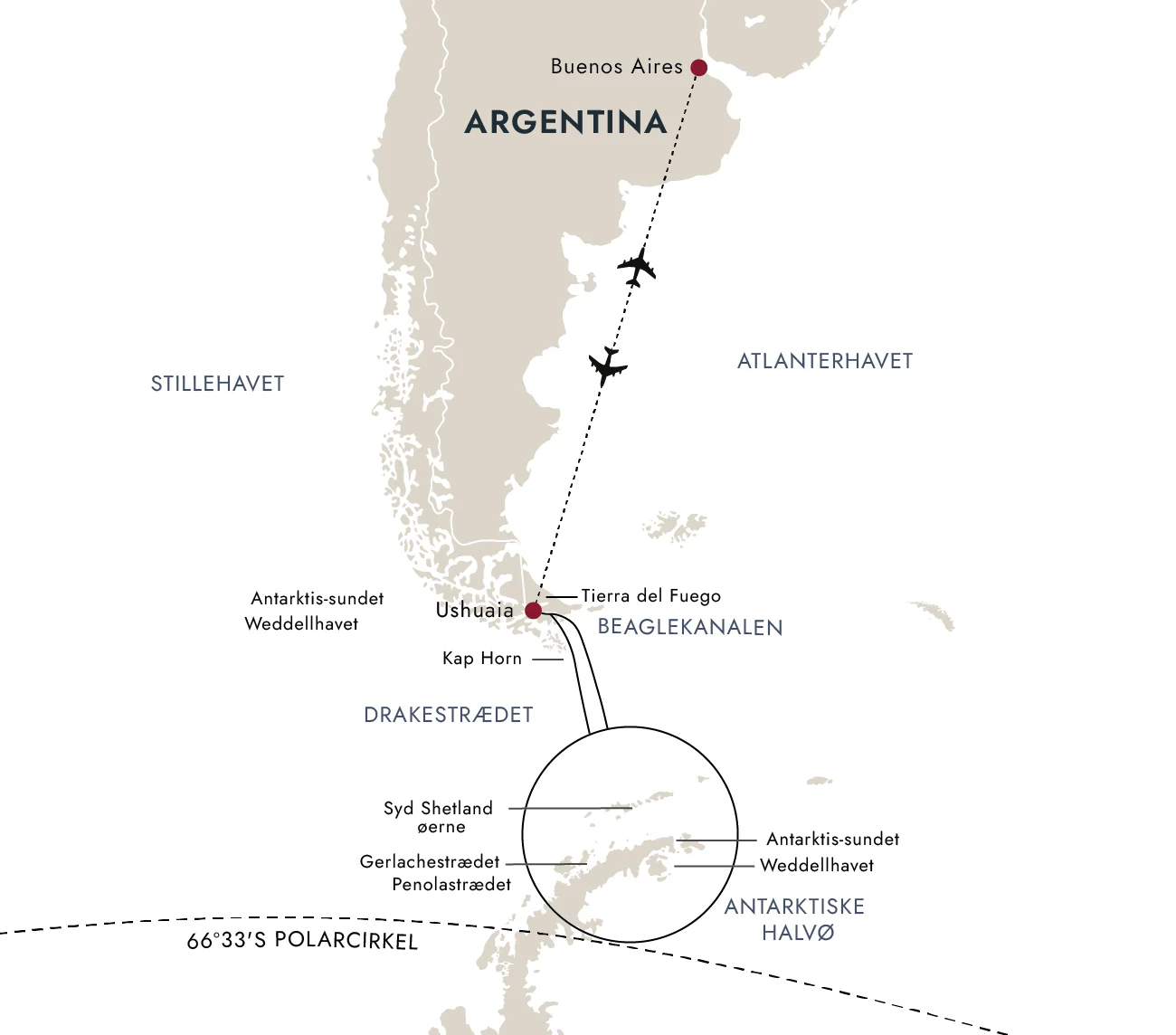 Et kort over destinationsruten