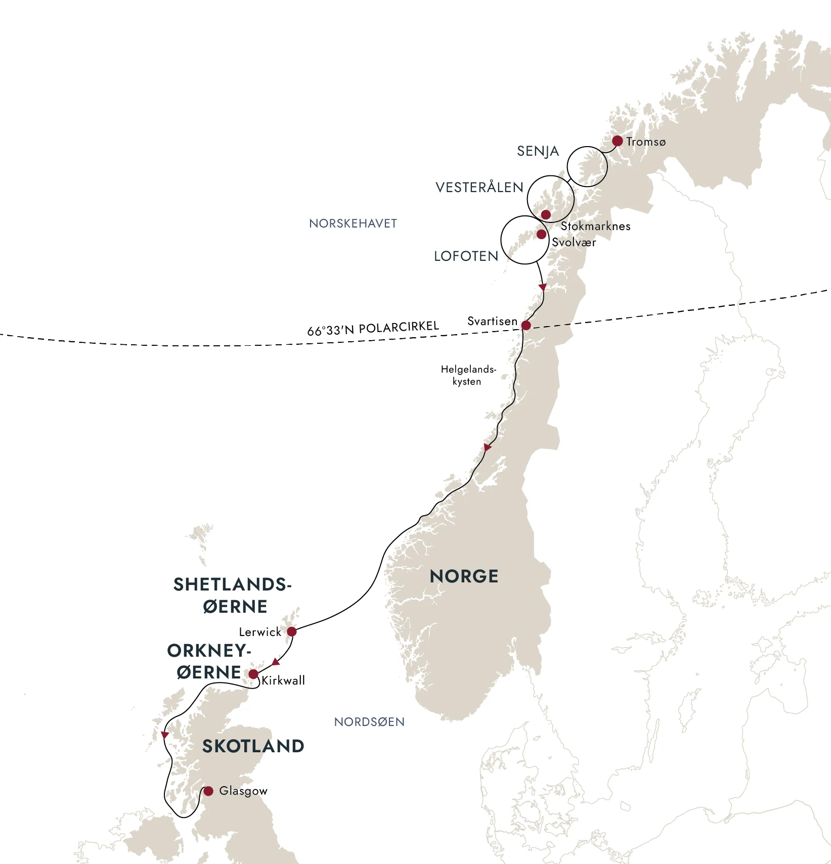 Et kort over destinationsruten