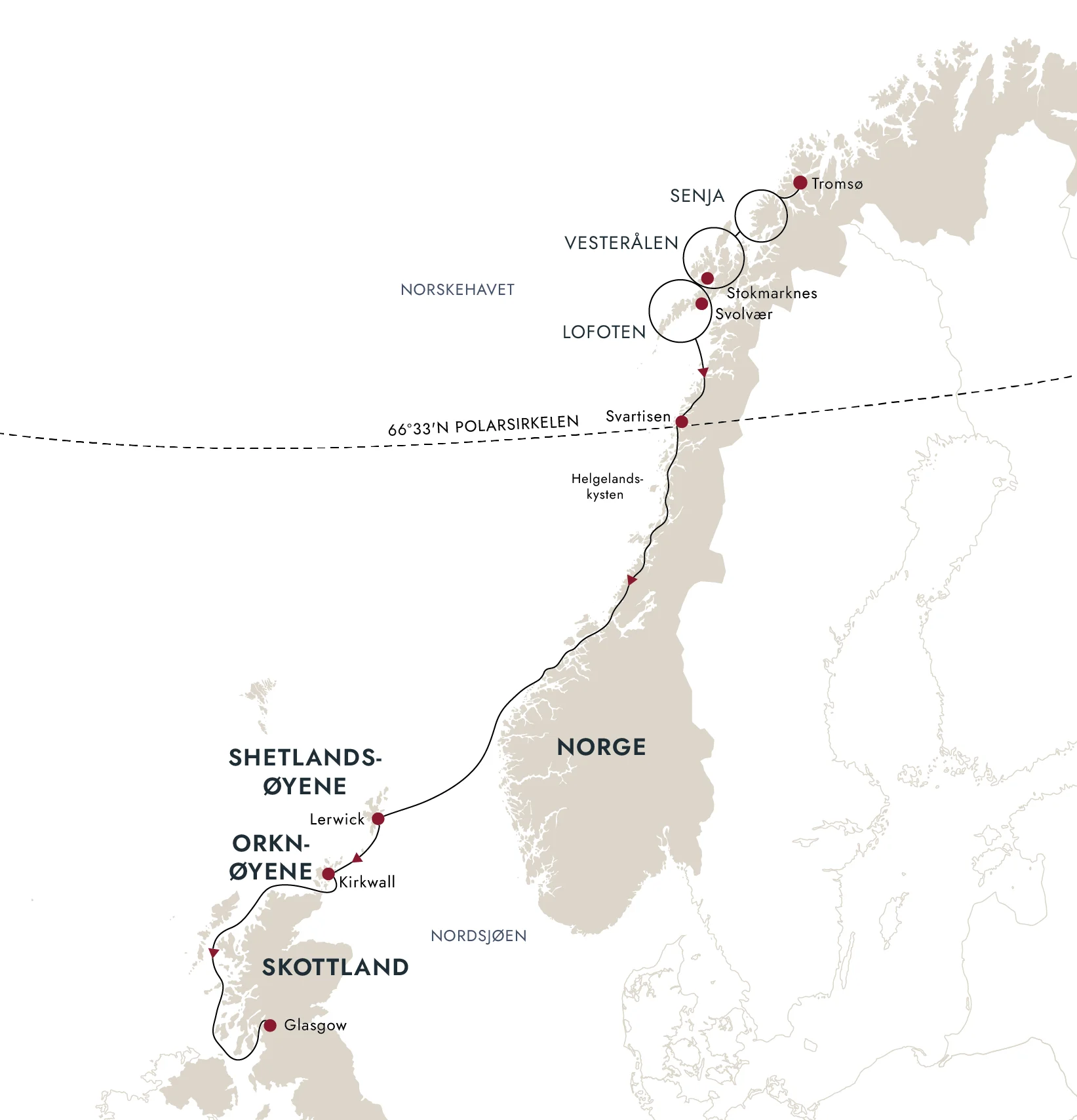 Et kart over destinasjonsruten