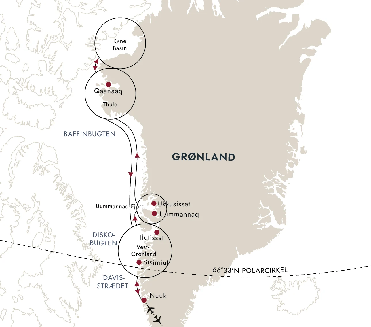 Et kort over destinationsruten