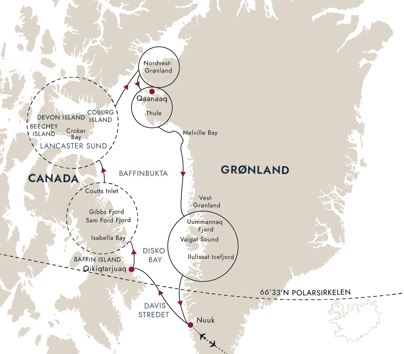 Et kart over destinasjonsruten