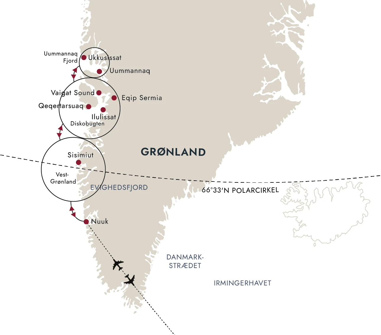 Et kort over destinationsruten