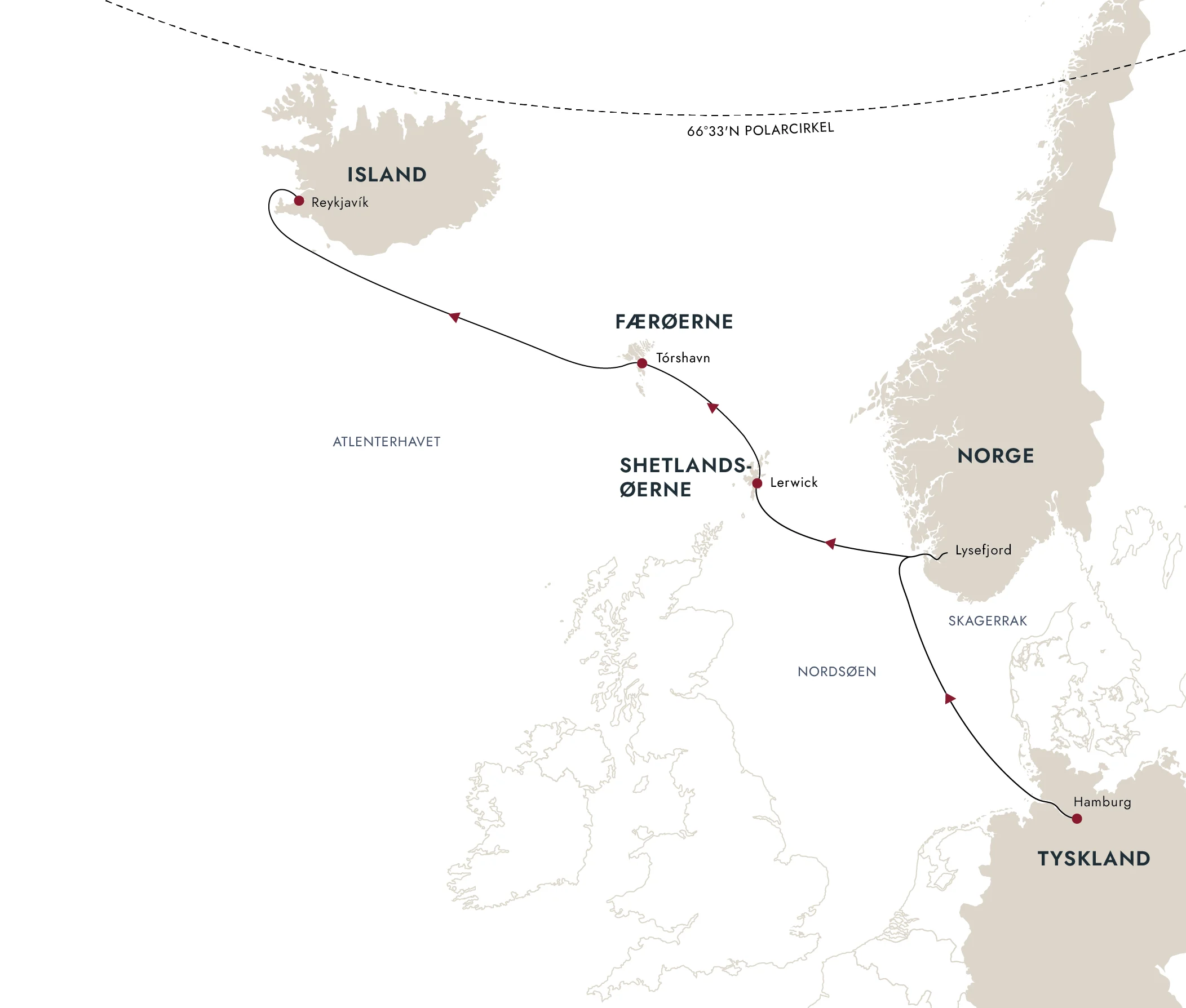 Et kort over destinationsruten