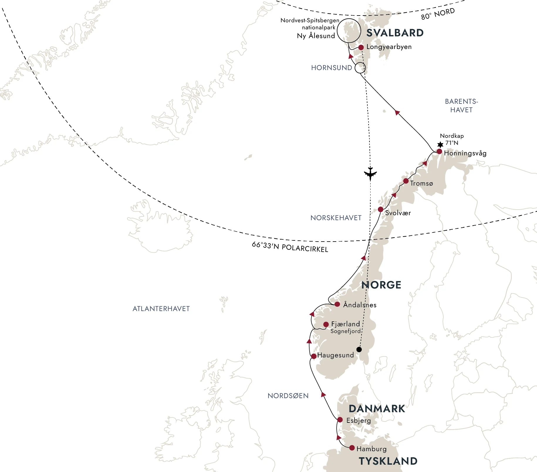 Et kort over destinationsruten