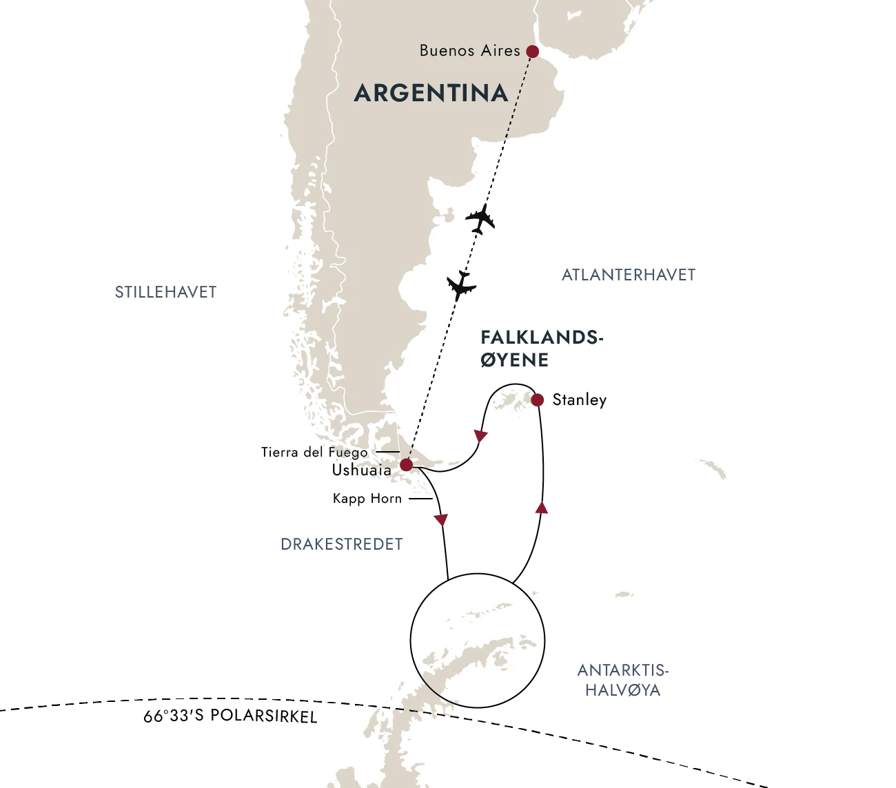 Et kart over destinasjonsruten