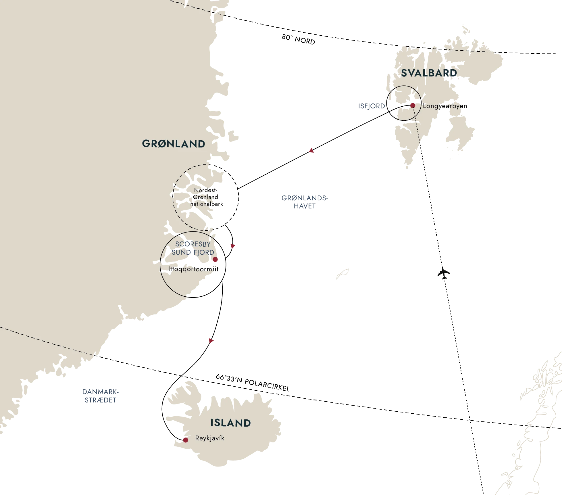 Et kort over destinationsruten