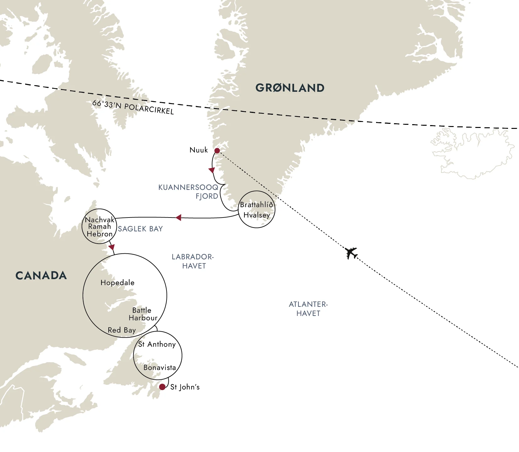 Et kort over destinationsruten