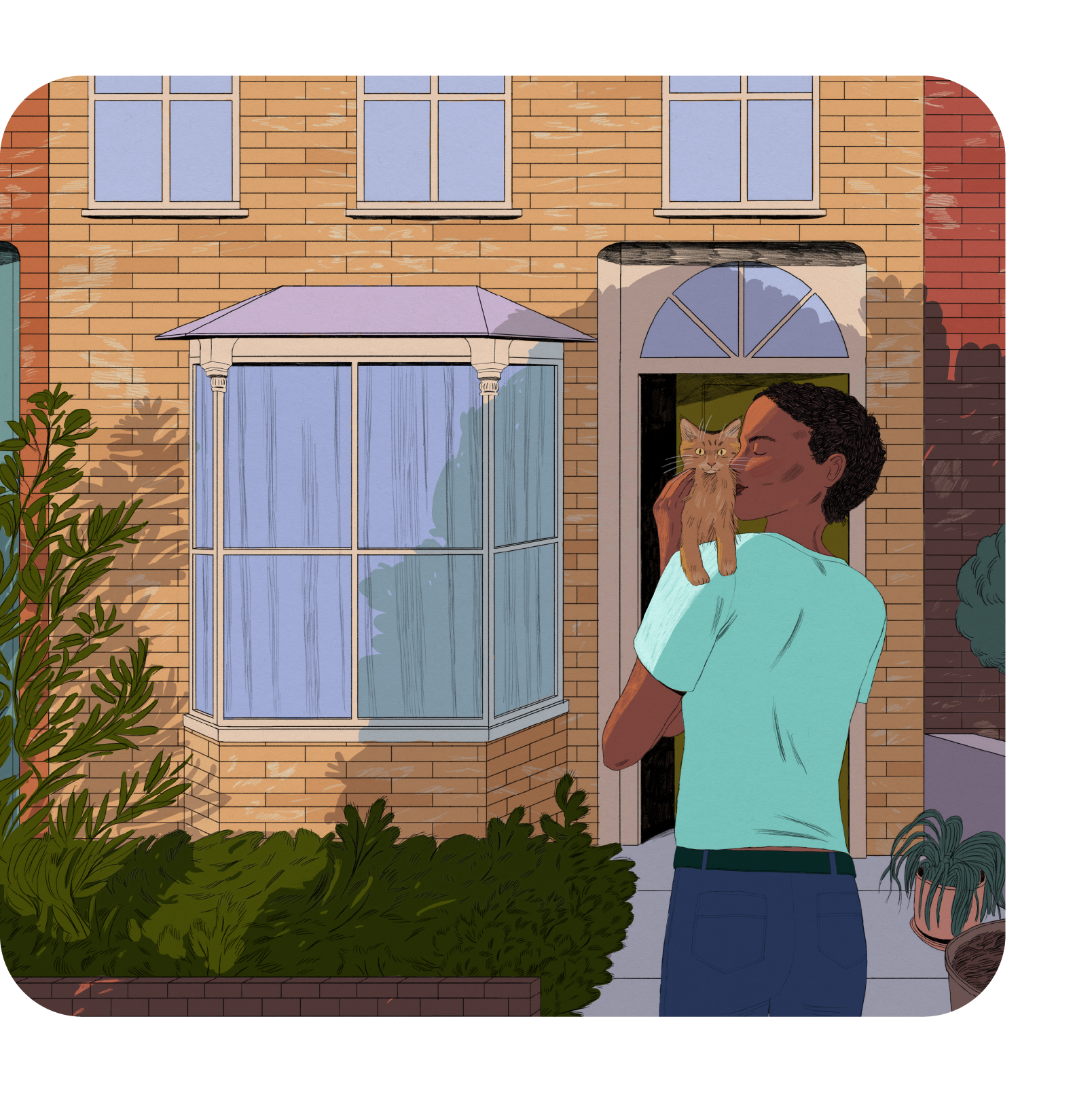 Image of a mixed race lady holding a cat in front of a house.