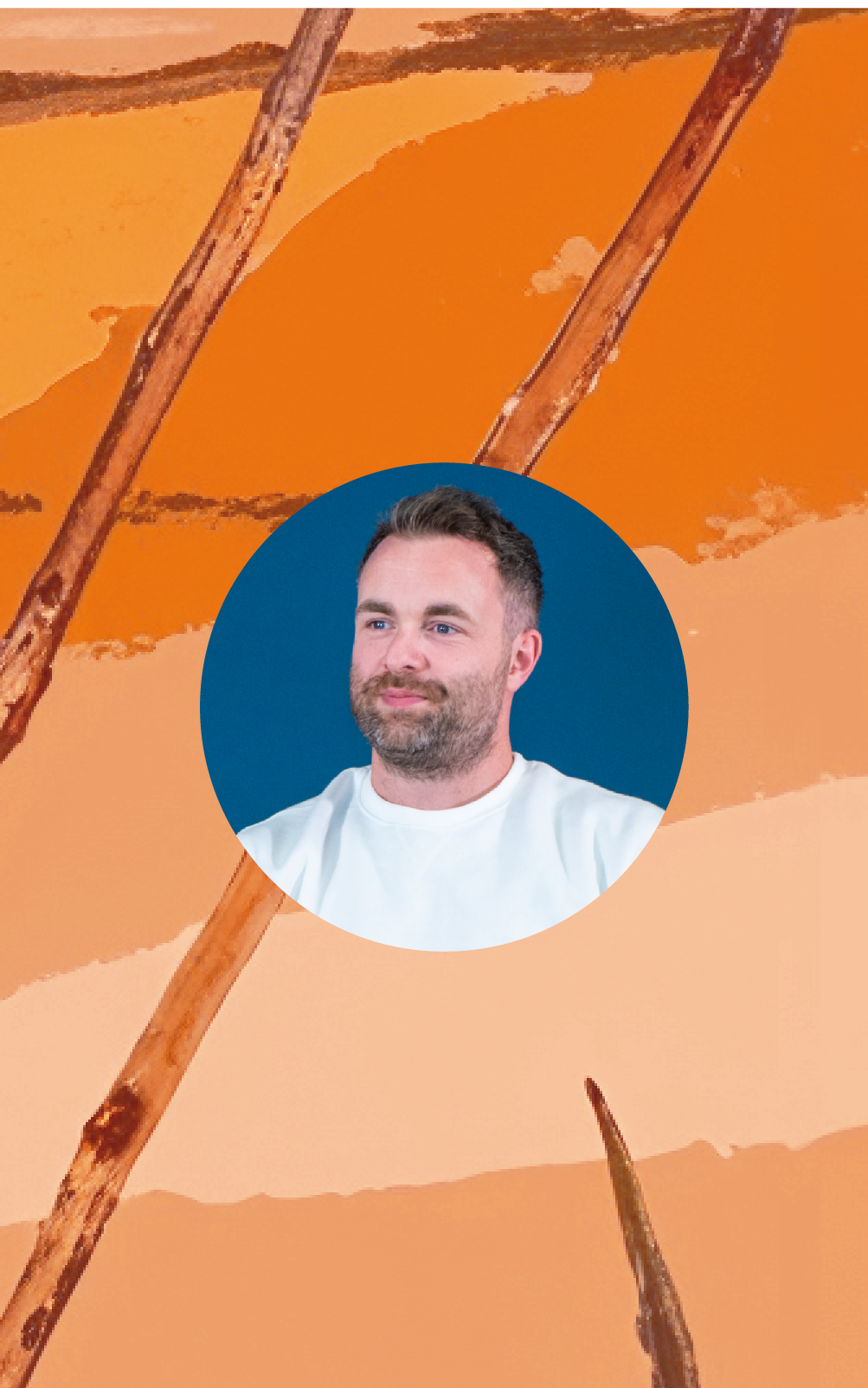 Orange texture background with circular logo of Head of Personal Finance, Brian