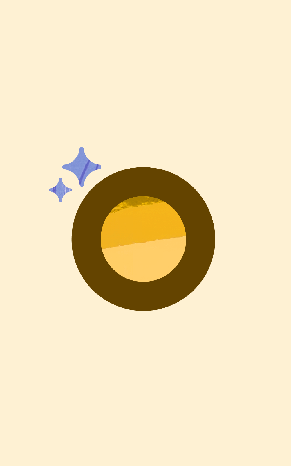 Yellow and brown circular icon with purple stars surrounding