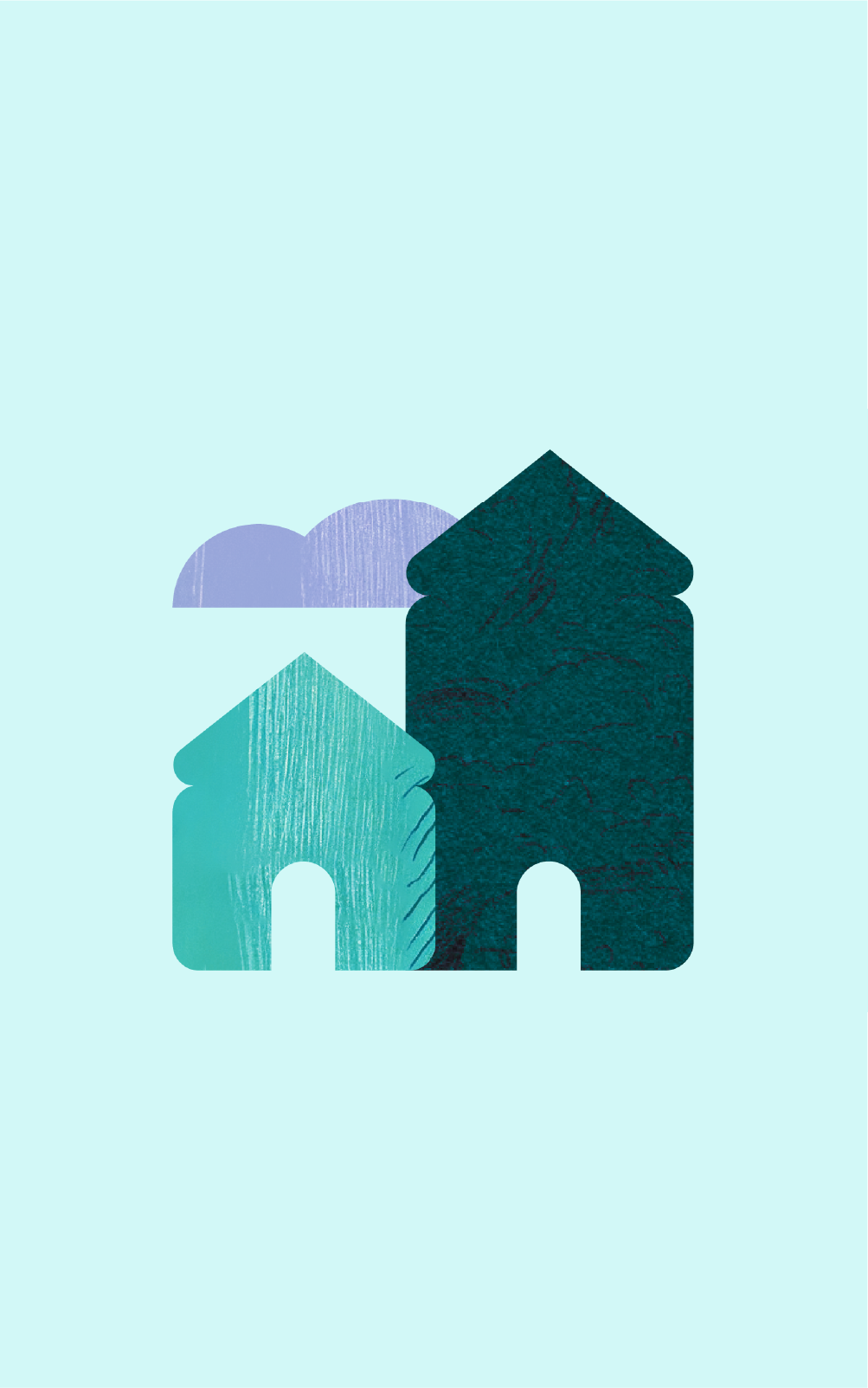 Illustration of two houses in blue with a purple cloud