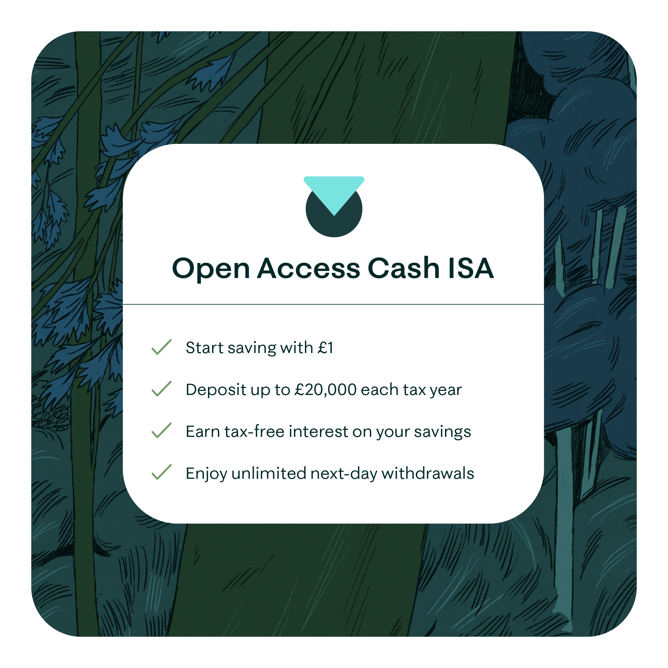 Open Access Cash ISA, start saving with £1, desposit up to £20,000 each tax year, earn tax-free interest on your savings, enjoy unlimited next-day withdrawals