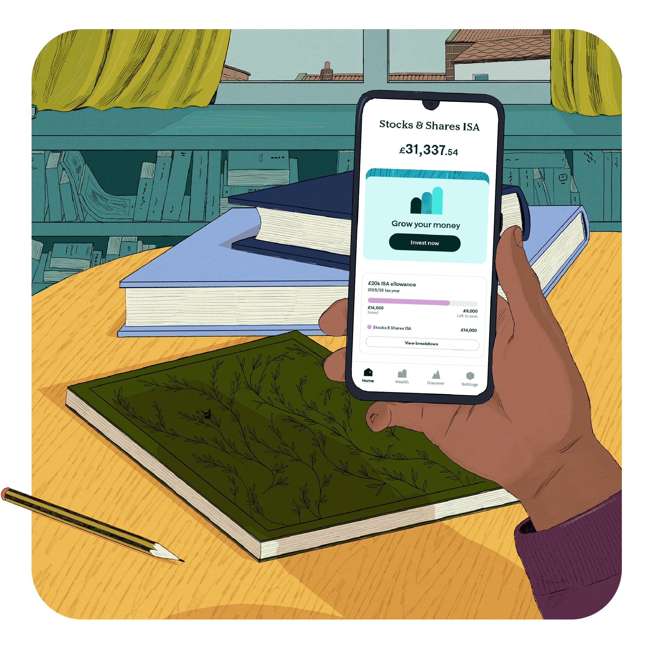 illustration of a hand holding a phone with a stocks and shares ISA screen