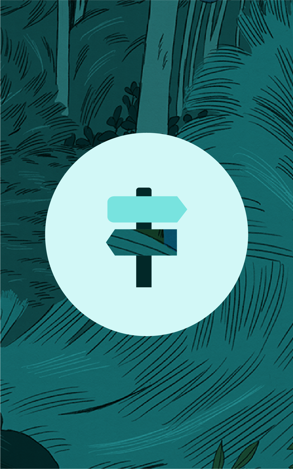 Icon of a directional signpost on a forest background