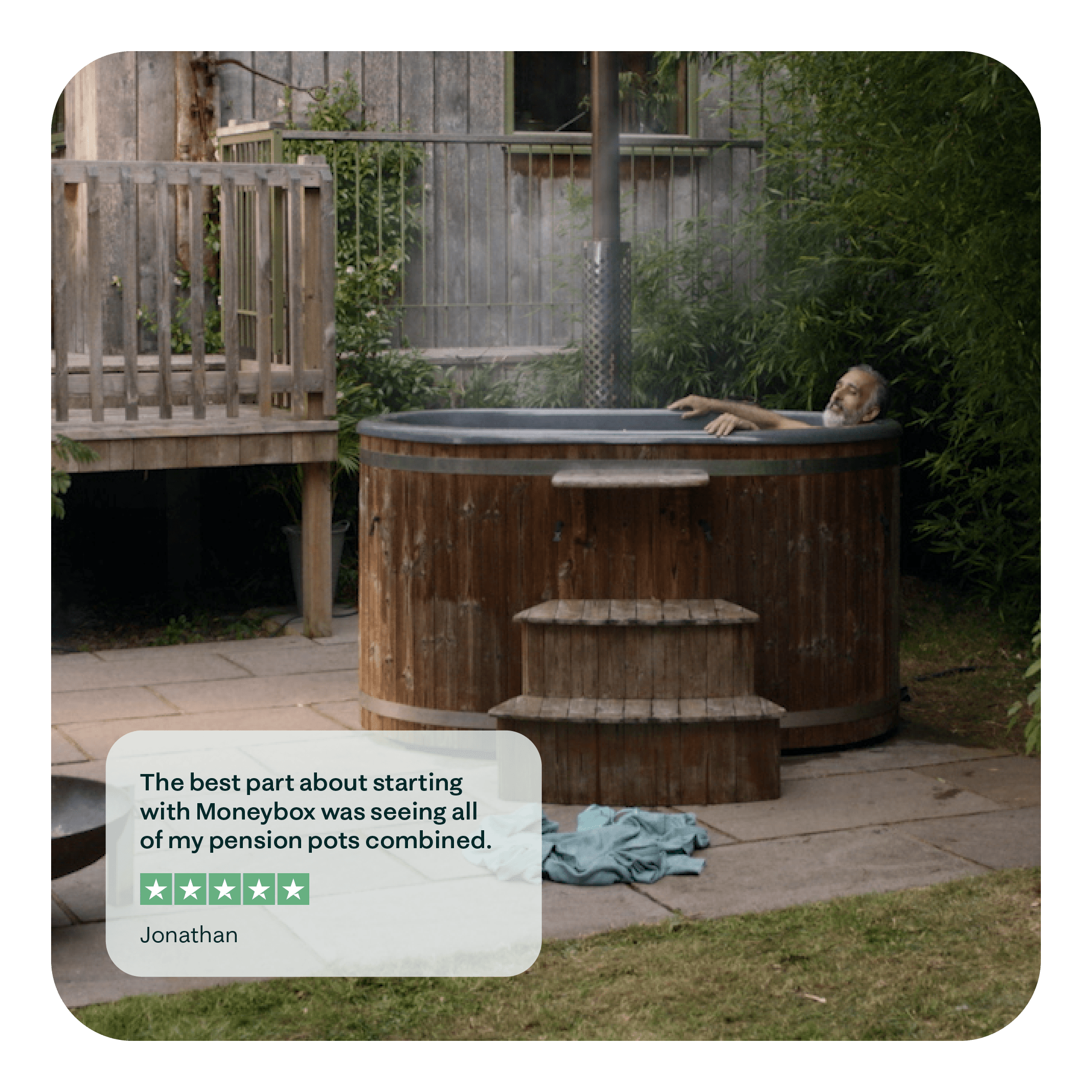 Older guy in hot tub with a testimonial on it. 