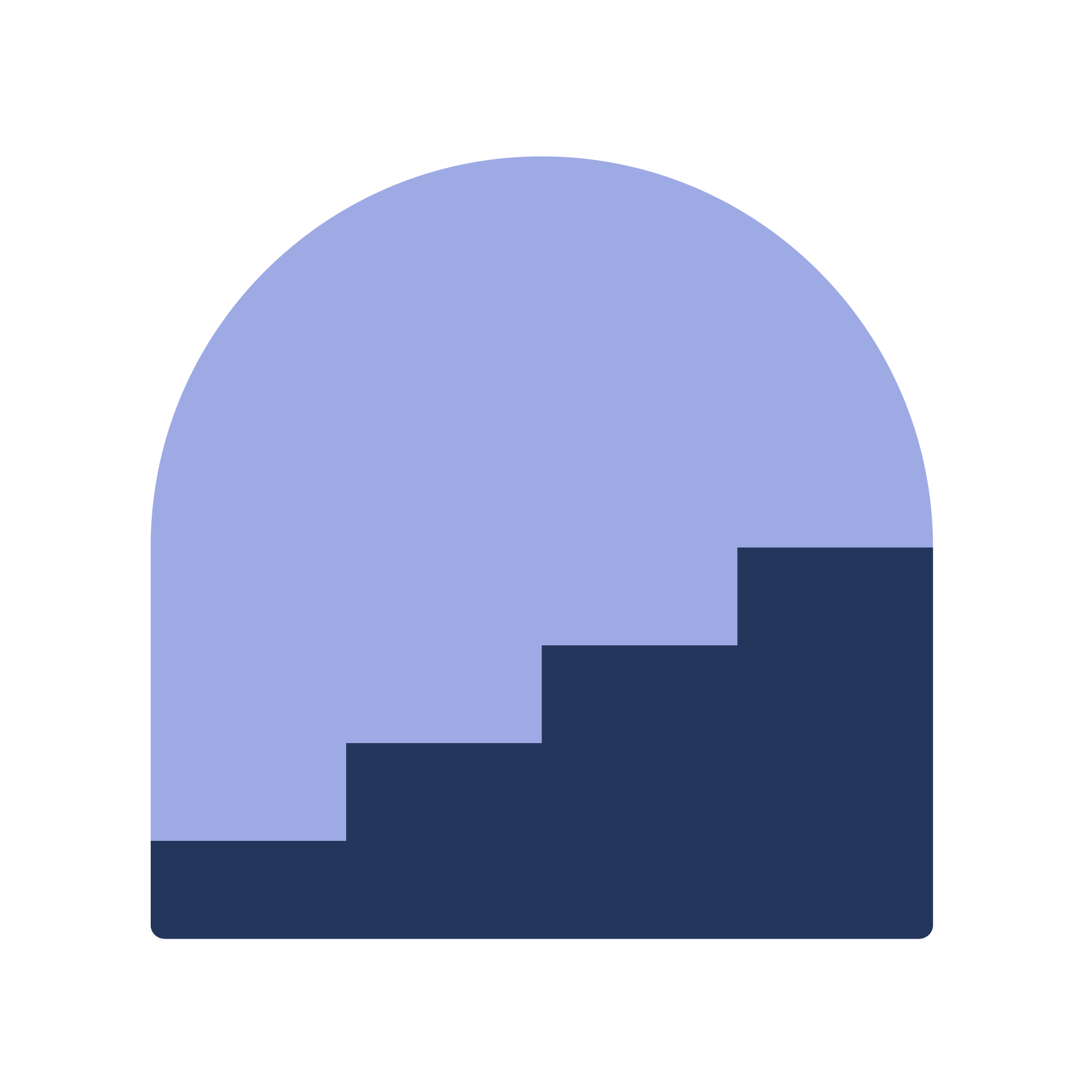Purple arched icon with darker purple stairs inside representing saving.