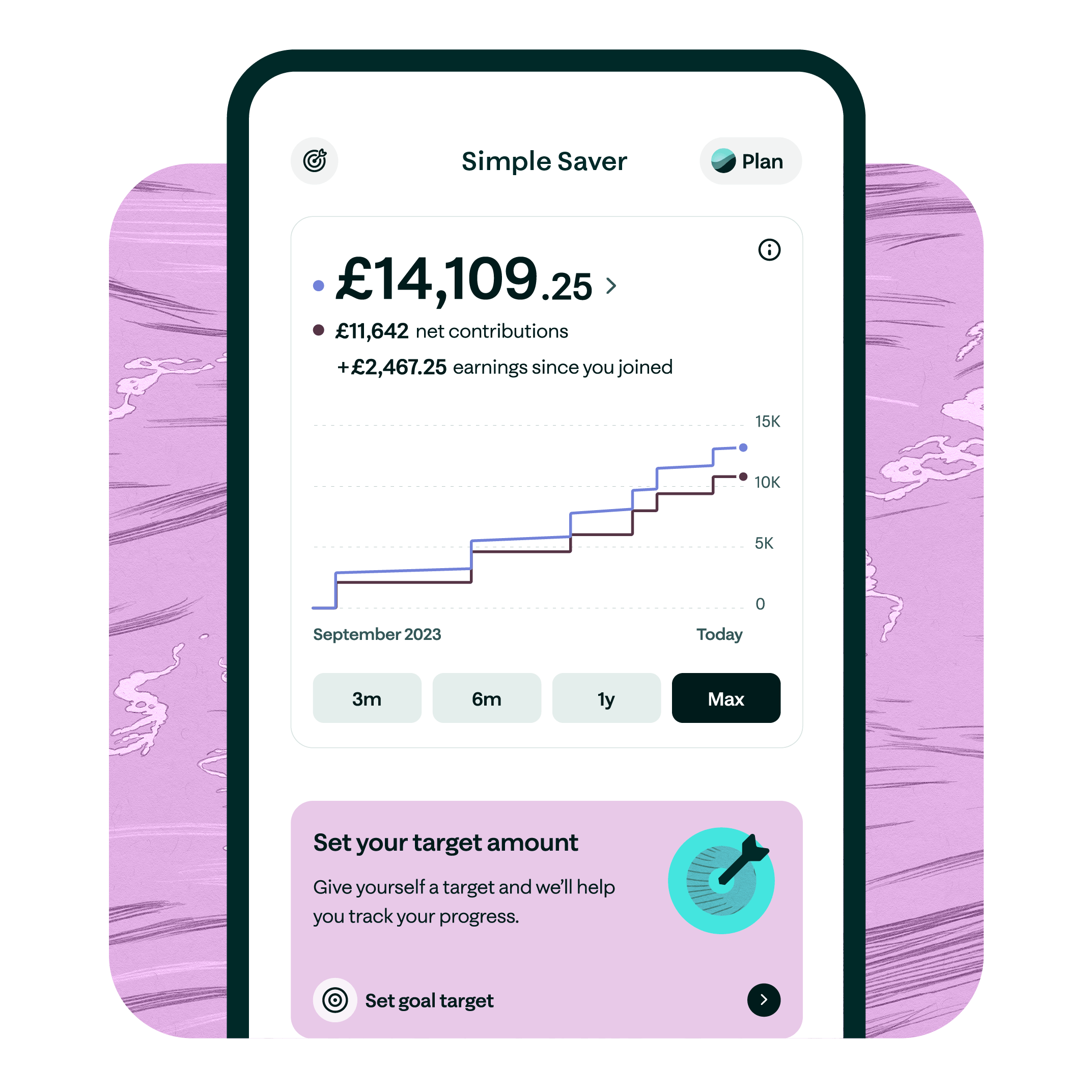 Illustration of phone in hand with UI on the screen showing a savings account