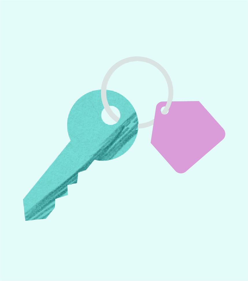 Spot illustration of a key in aqua and pink