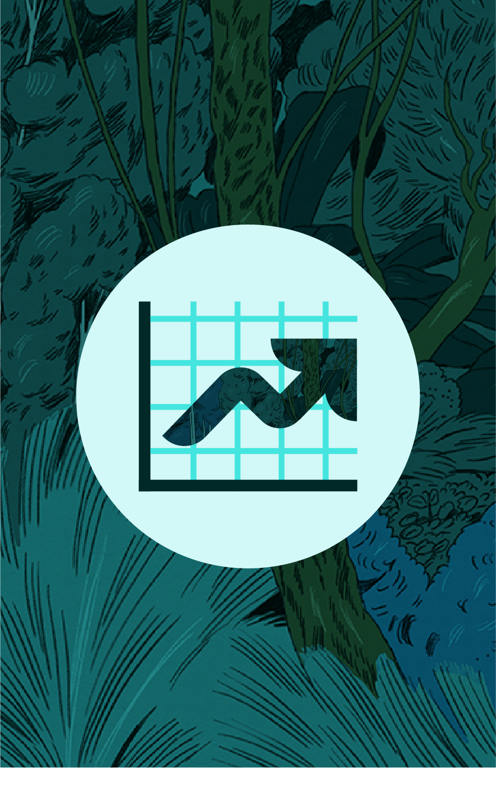 Icon of an upward financial graph on a dark forest-pattern background