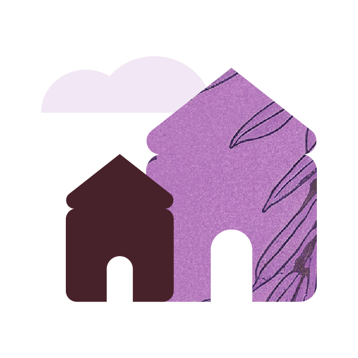Pink illustration of a house with pattern