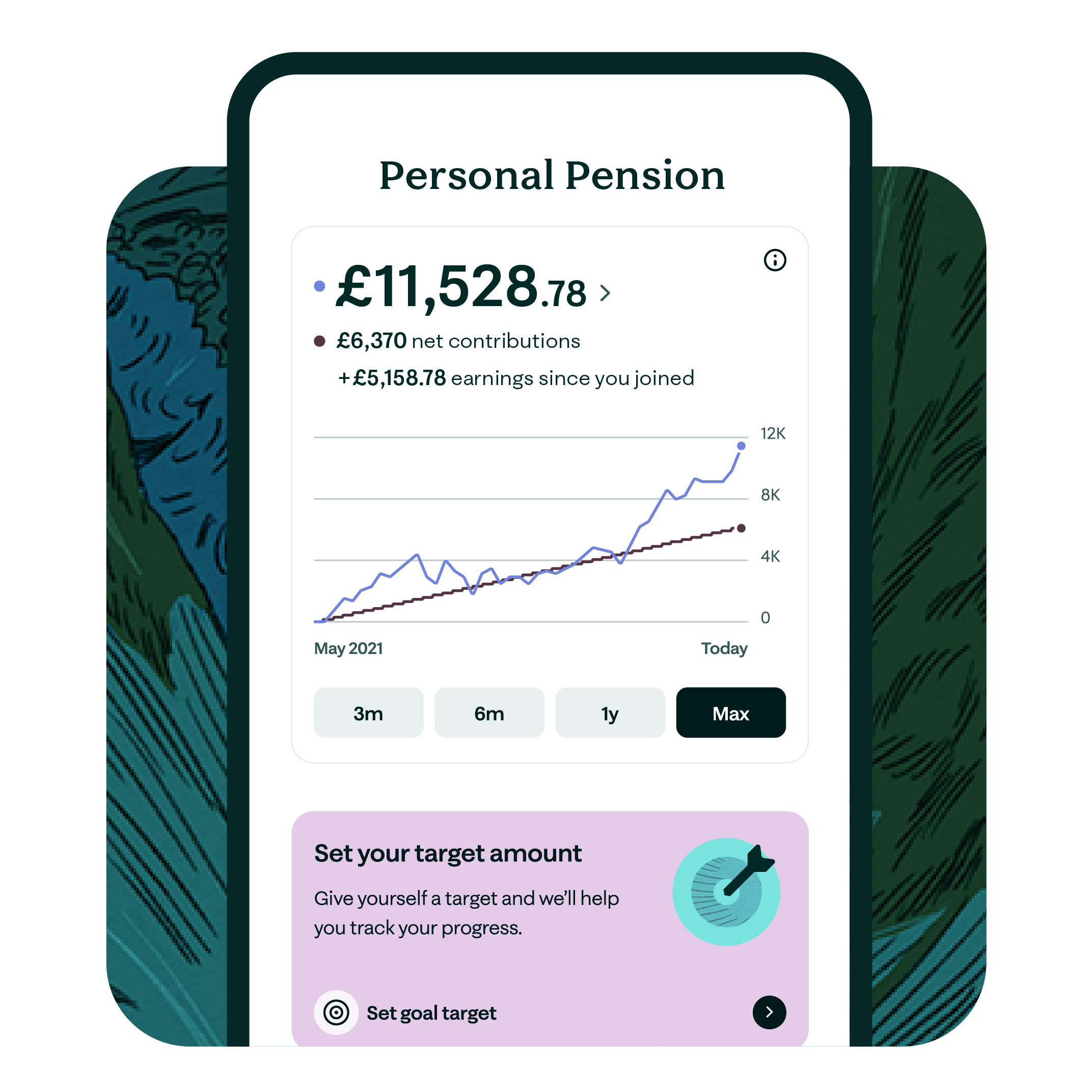 UI screen about personal pension with a dark green texture in the background. 