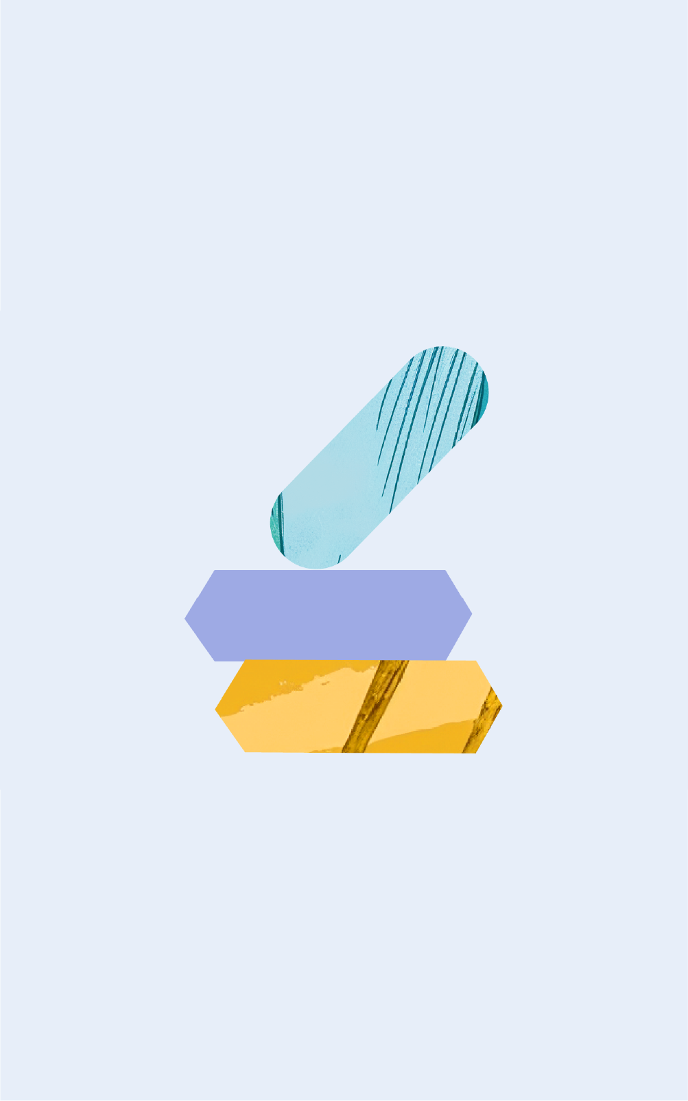 Spot illustration of object on top of each other with light purple background. 