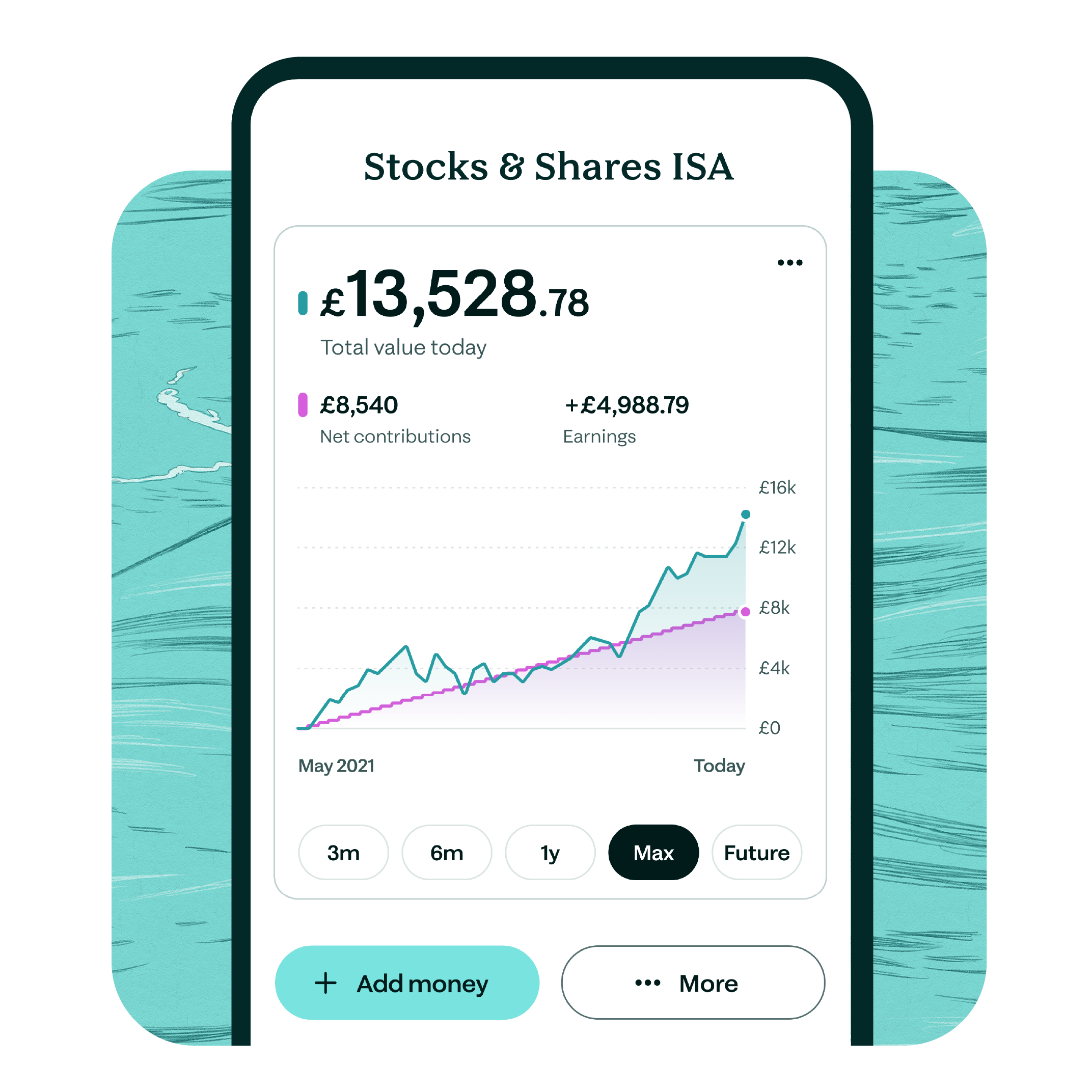 UI screen about Stocks & Shares with a water aqua texture.