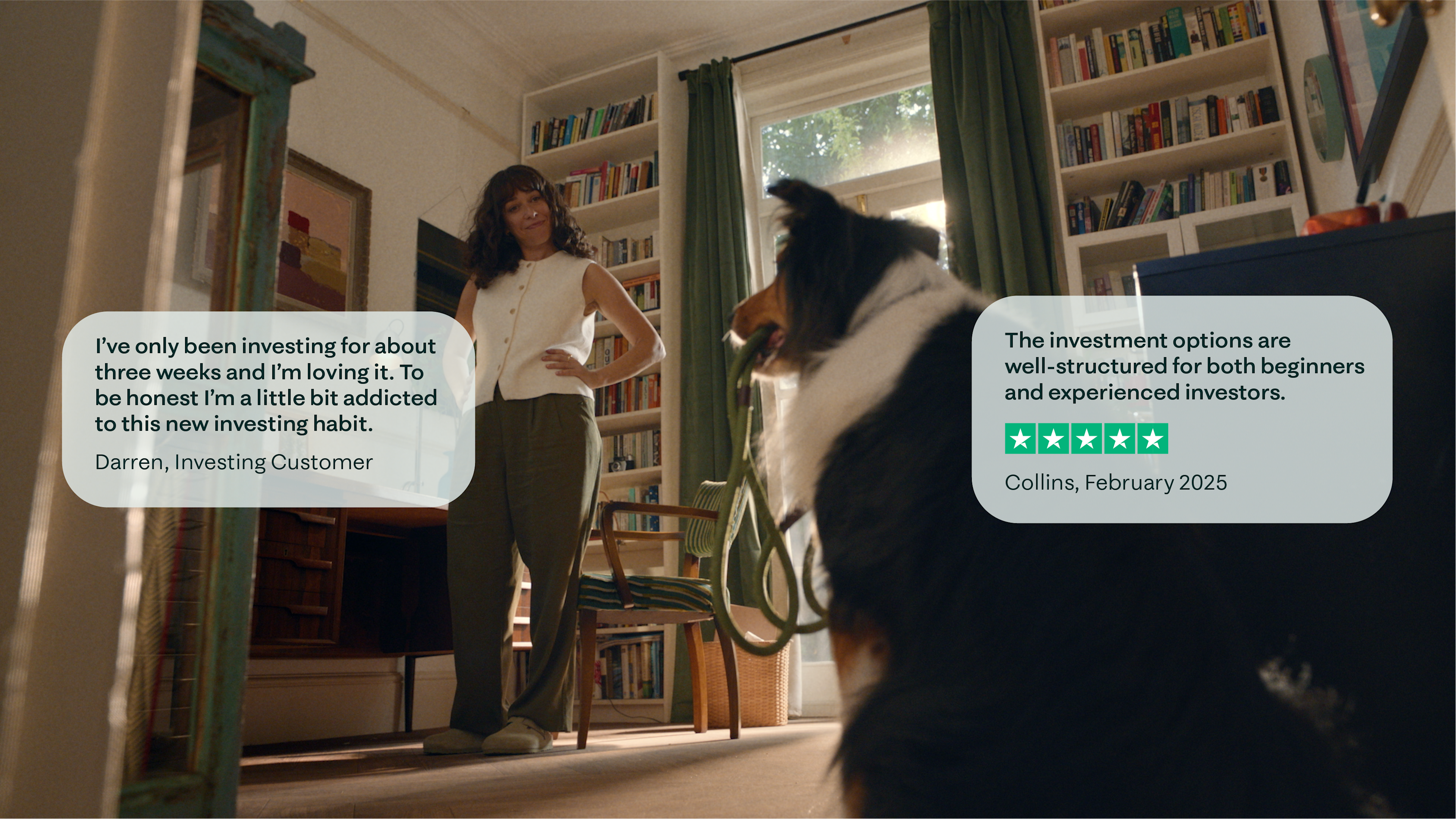 lady looking at dog in office room with UI truspilot quotes over it