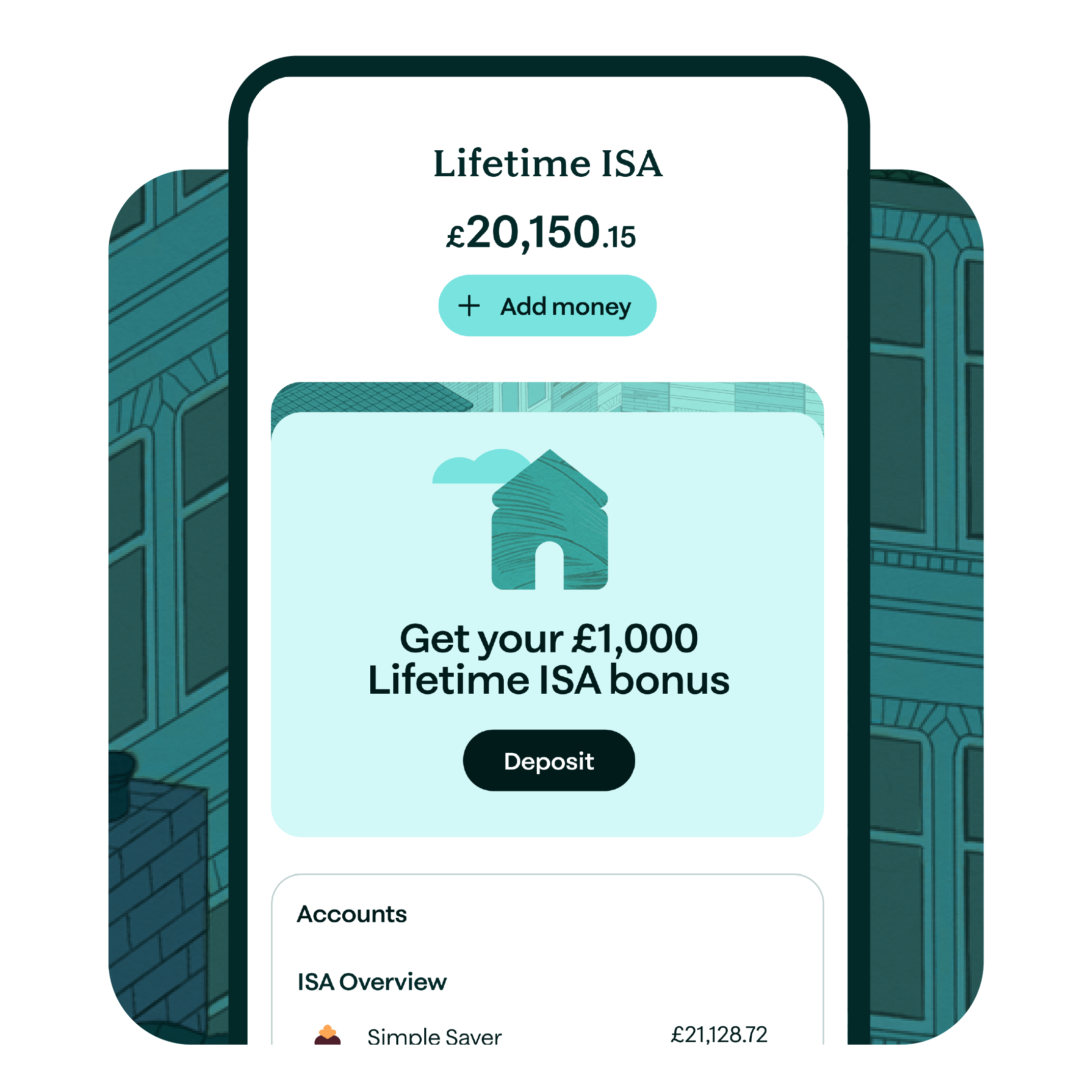 UI screen about Lifetime ISA with a canopy dark green coloured texture in the background.