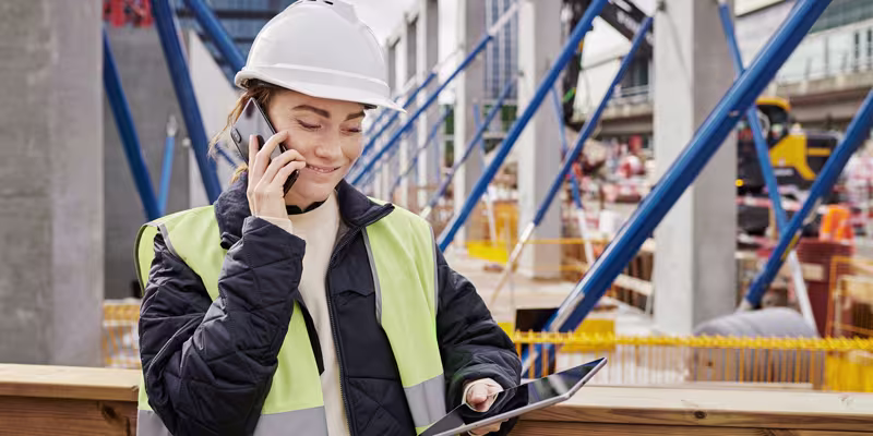 Woman tablet phone hard hat