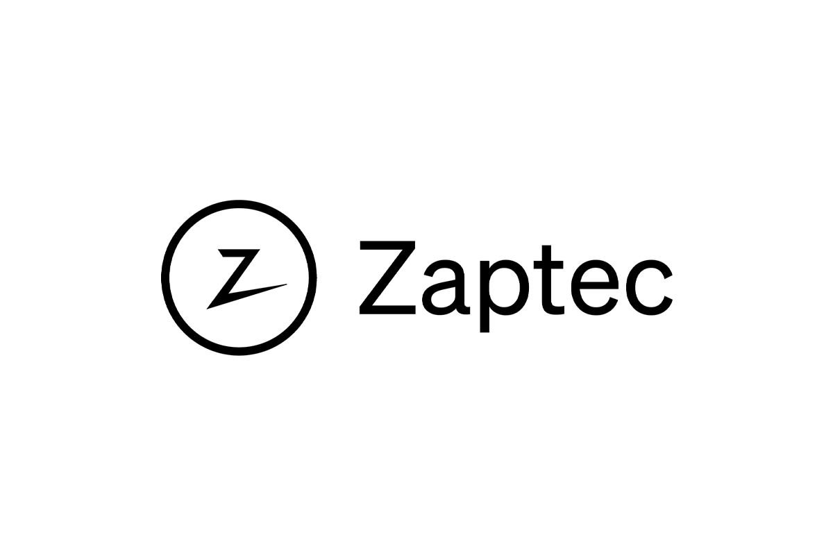 Zwart Zaptec-logo op wit, met een gestileerde 'Z' en een bliksemschicht binnen een cirkel, wat innovatie en energie uitstraalt.