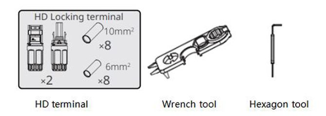 Das Bild zeigt technische Zeichnungen von drei Werkzeugen: ein HD-Verriegelungsklemmen-Set mit zwei Steckverbindern und Kabeln, einen Schraubenschlüssel und einen Inbusschlüssel.