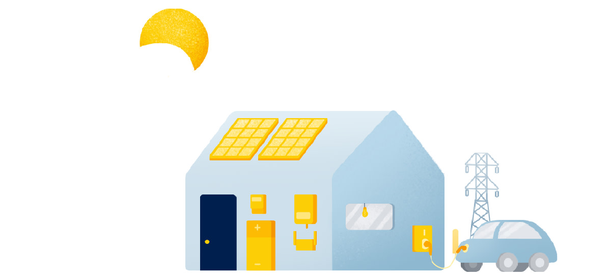 Illustratie van een blauw huis met zonnepanelen, een elektrische auto die wordt opgeladen en een stralende zon. Dit staat symbool voor duurzame energie en moderne technologie.