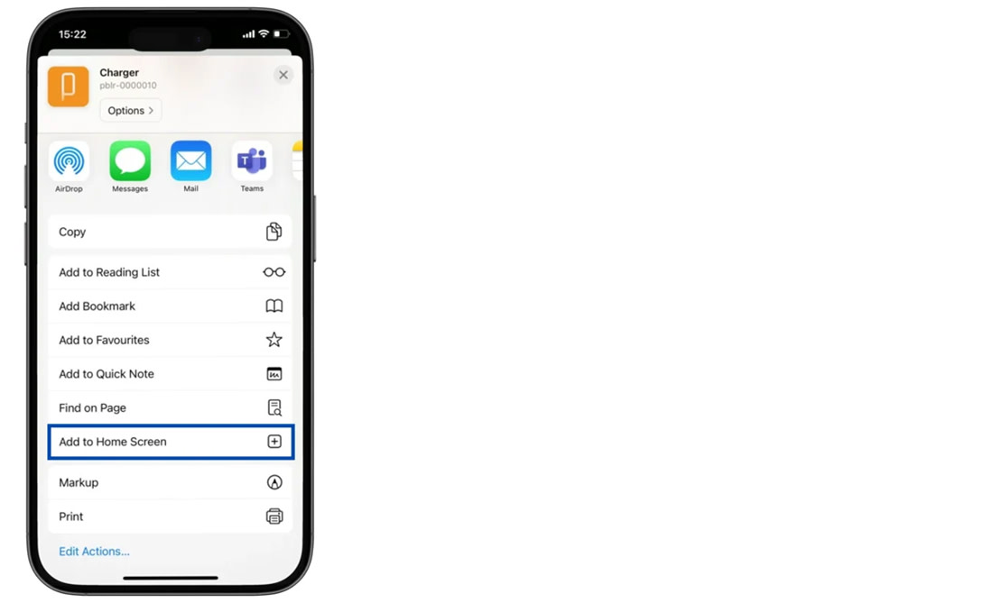 iPhone-scherm waarop het deelmenu wordt weergegeven met opties zoals AirDrop, Berichten en Mail. “Zet op beginscherm” is blauw gemarkeerd.