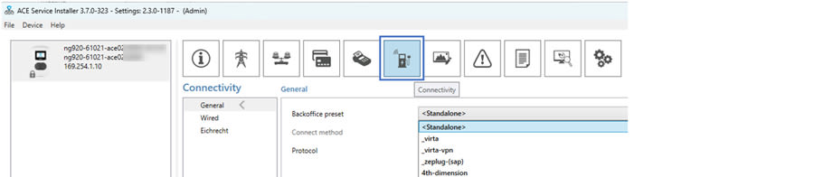 Een software-interface van de ACE Service Installer waarin de connectiviteitsinstellingen worden weergegeven. Pictogrammen bovenaan duiden verschillende functies aan, waarbij de optie ‘Backoffice preset’ is ingesteld op ‘Standalone’.