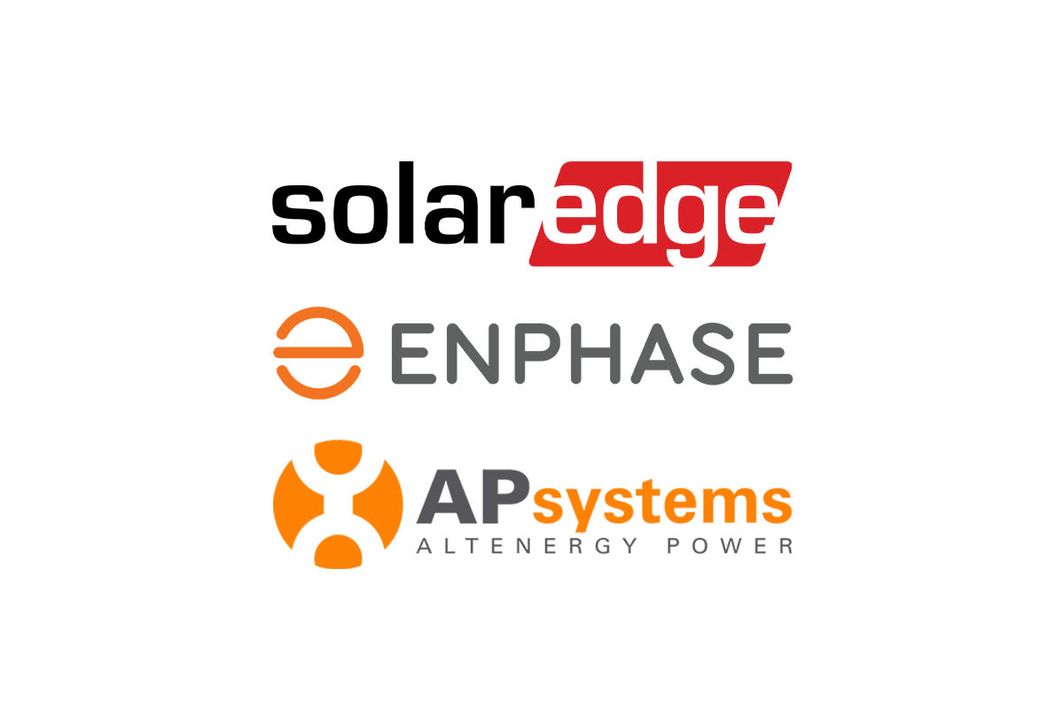 Logo’s van SolarEdge, Enphase en APsystems worden getoond. SolarEdge kenmerkt zich door een opvallende rode rand, Enphase heeft een oranje “e”-symbool en APsystems gebruikt een oranje abstract ontwerp.