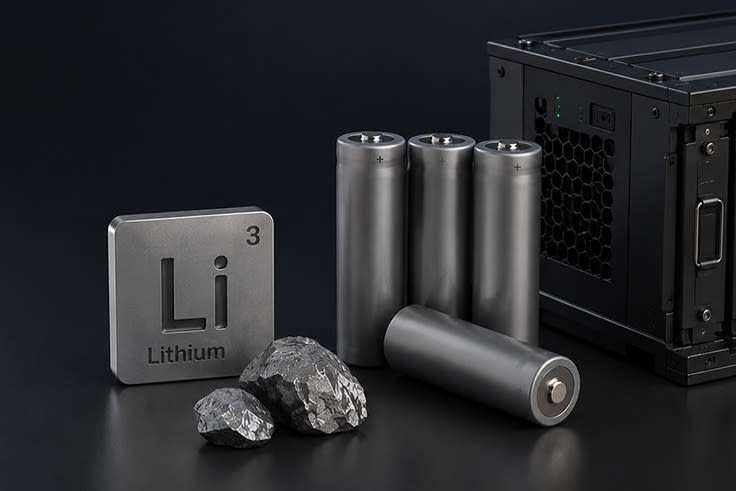Een gloeiend blauw digitaal batterij-icoon op een donkere achtergrond, gevormd door onderling verbonden lijnen en stippen, wat een futuristische en technologie-geïnspireerde uitstraling geeft.