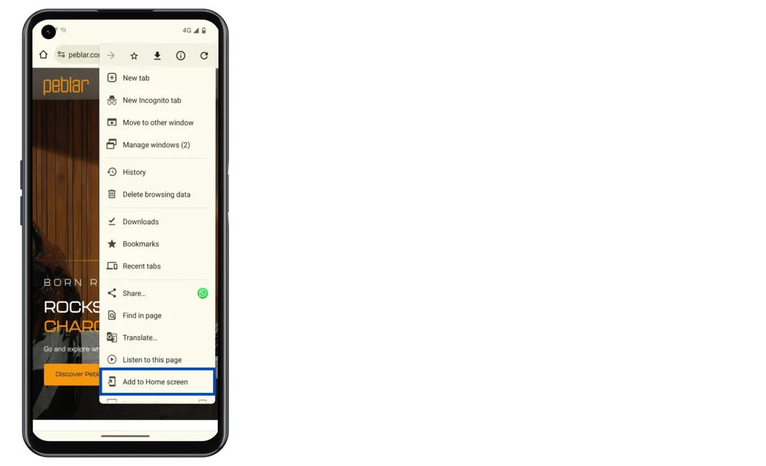 Android-smartphonescherm waarop een websitemenu wordt weergegeven. Het browsermenu toont opties zoals nieuw tabblad en bladwijzers. “Toevoegen aan startscherm” is blauw gemarkeerd.