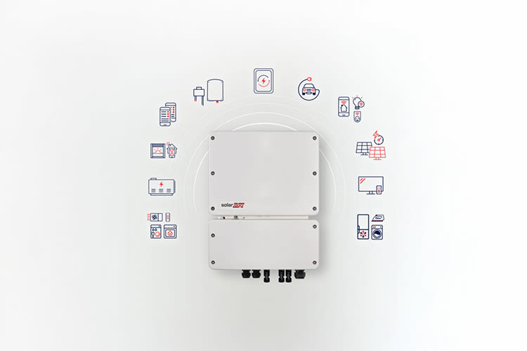 The image shows a white solar inverter at the center with a semicircle of small icons around it, representing energy use, grid, and connectivity.