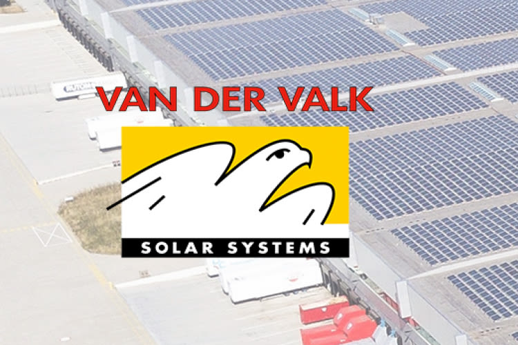 Aerial view of solar panels on a rooftop, overlaid with the Van Der Valk Solar Systems logo featuring a stylized bird in black and yellow.