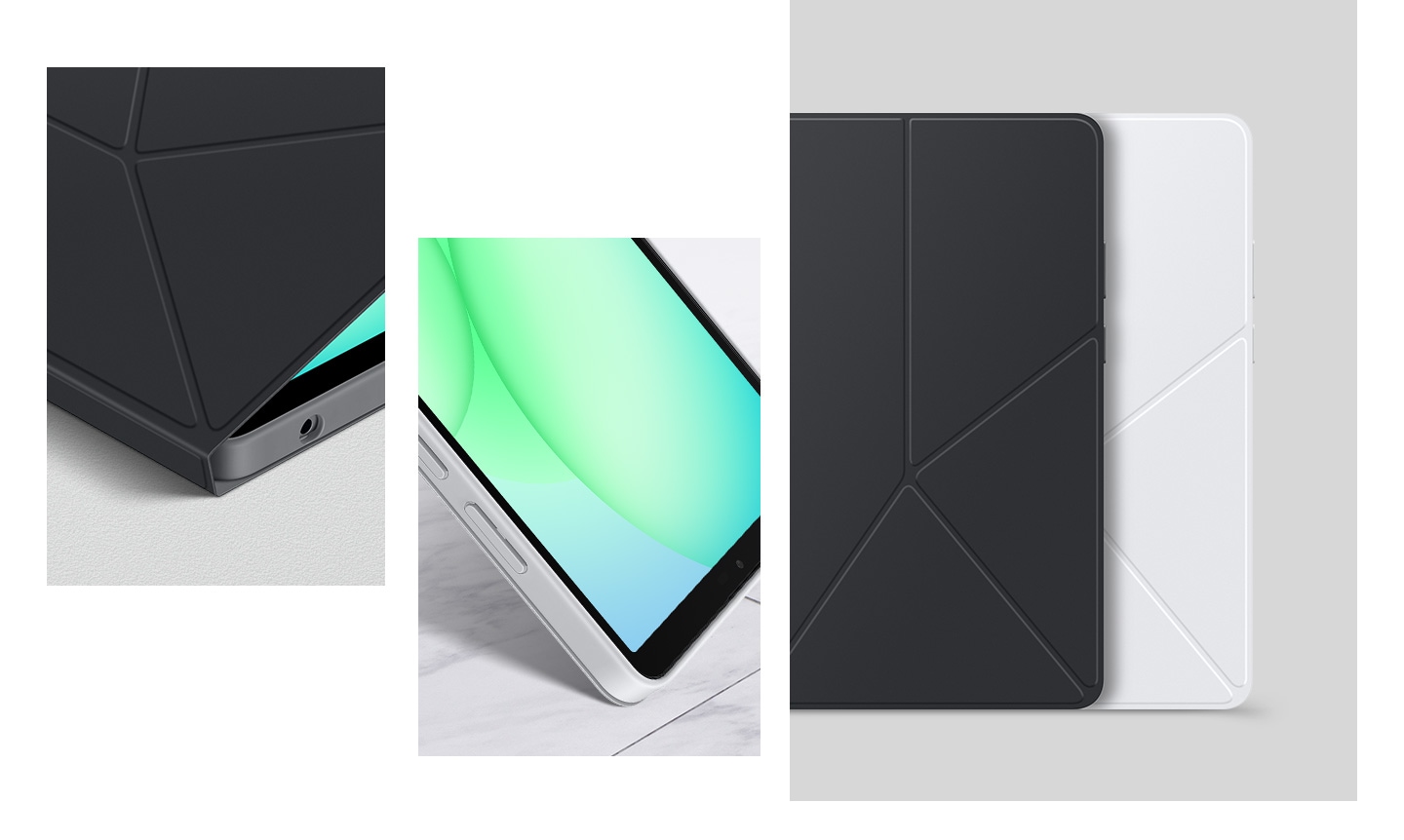 Et nærbillede af et hjørne af Book Cover, der omslutter en Galaxy Tab A11-enhed. Et nærbillede af enheden, der står på sin øverste venstre kant for at fremhæve coverets beskyttelse mod fald. To Book Cover-covers i forskellige farver ligger fladt og overlapper hinanden.