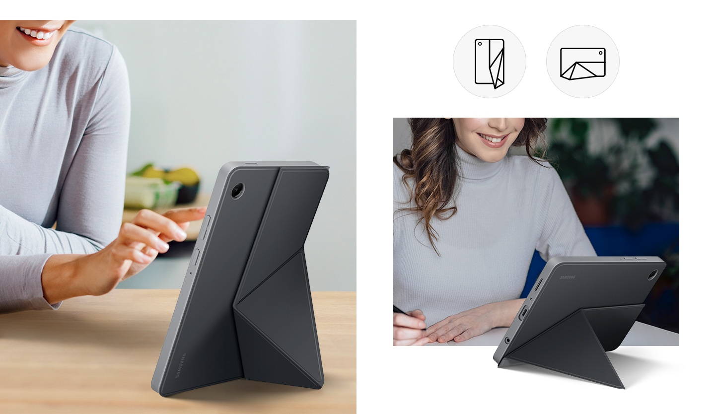 En kvinde ses bruge Galaxy Tab A11 med Book Cover, stående i portrættilstand med et foldbart stativ. En kvinde ses bruge enheden vandret med stativet foldet i liggende tilstand.