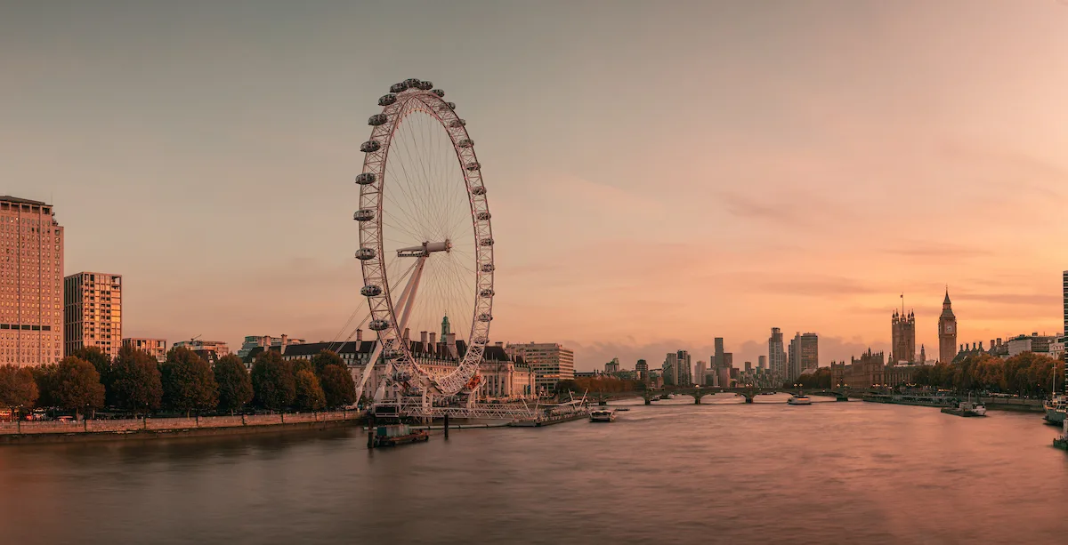 View of London Eye and Thames at sunset