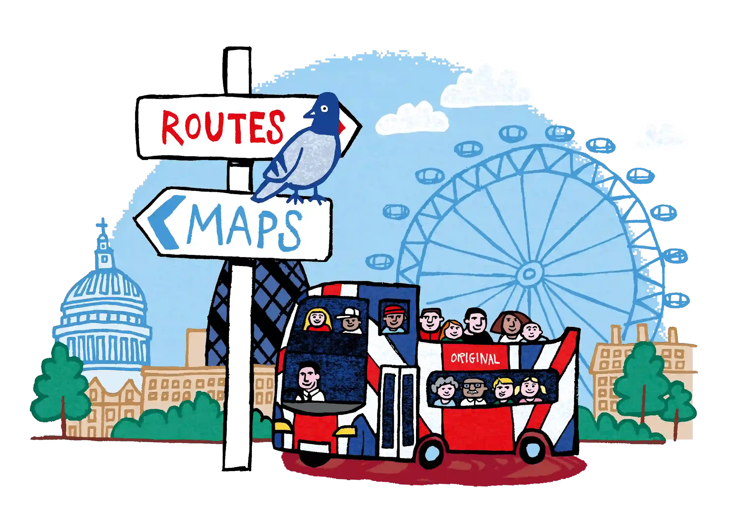 Illustrated London skyline map for The Original Tour hop-on hop-off routes