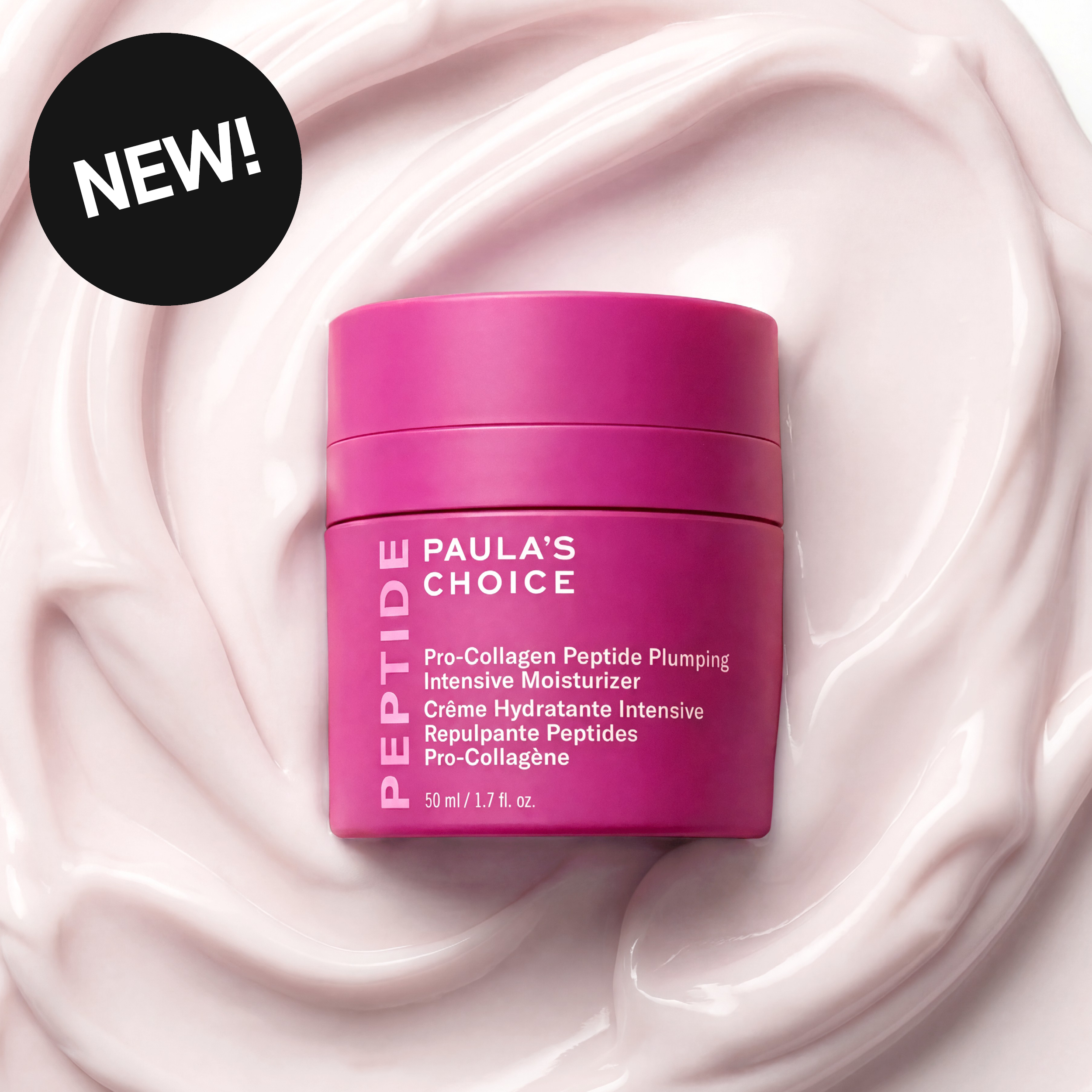 Paula’s Choice Pro-Collagen Peptide Plumping Intensive Moisturizer omgitt av rosa krem. Tekst: «NEW!»