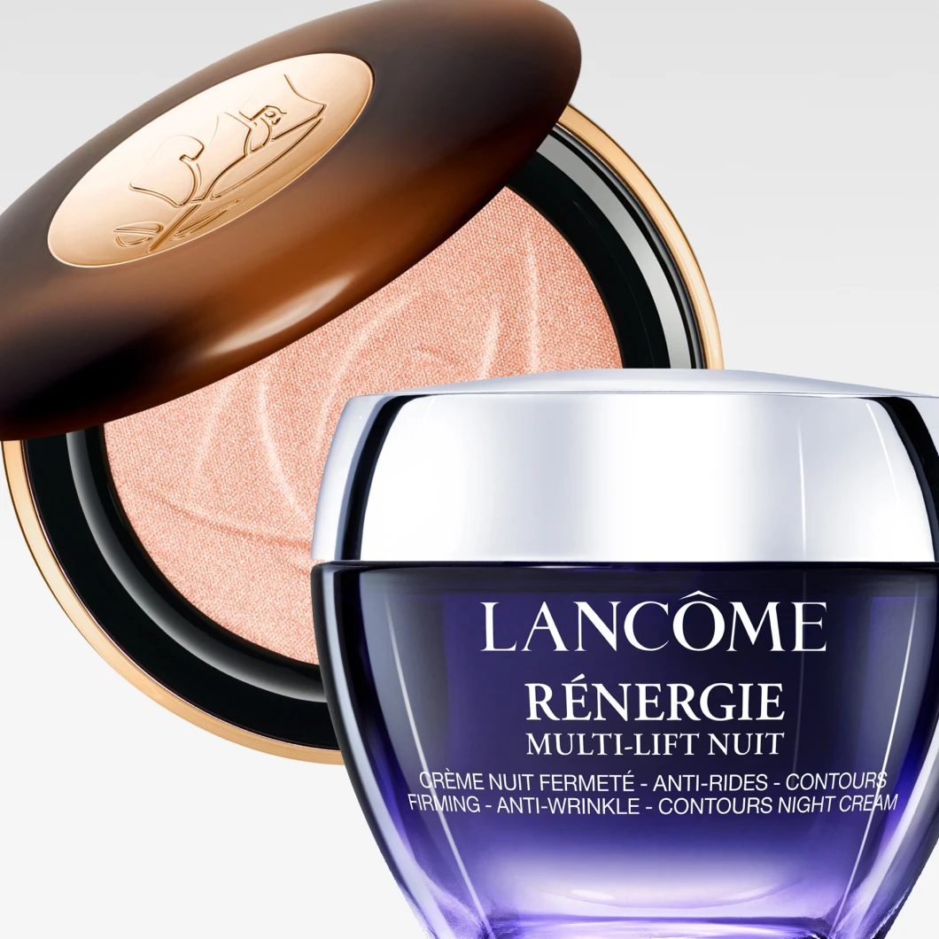 Lancôme Rénergie Multi-Lift Nuit -yövoide ja avoin cushion-meikkivoide näkyvät yhdessä vaaleaa taustaa vasten. Purkissa näkyvät tekstit "LANCÔME", "RÉNERGIE MULTI-LIFT NUIT" sekä "Firming – Anti-Wrinkle – Contours Night Cream".
