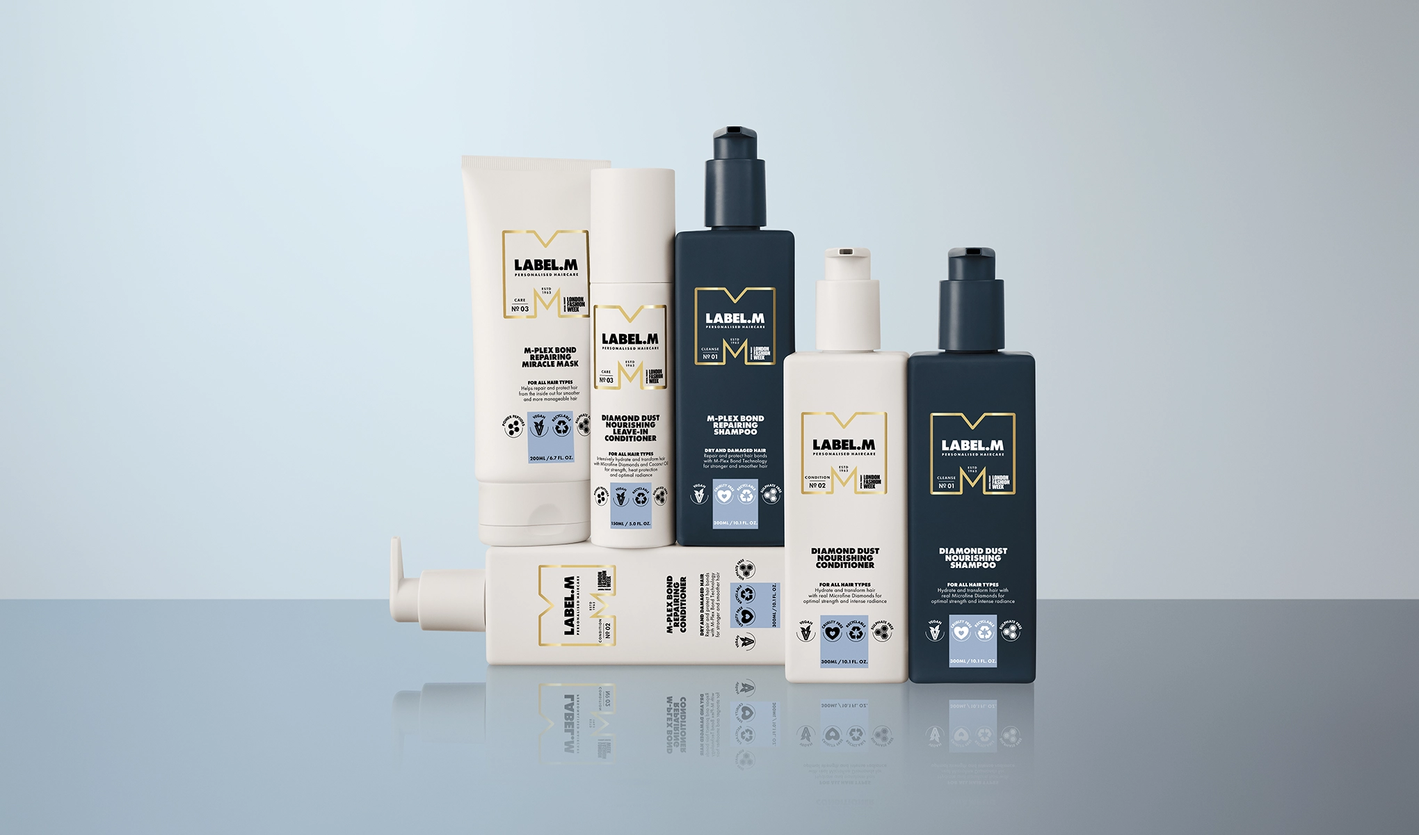 Ryhmä Label.M-hiustenhoitotuotteita vaalealla taustalla, mukaan lukien shampoo, hoitoaine, hiusnaamio ja hoitotuotteita eri kokoisissa pulloissa ja tuubeissa.