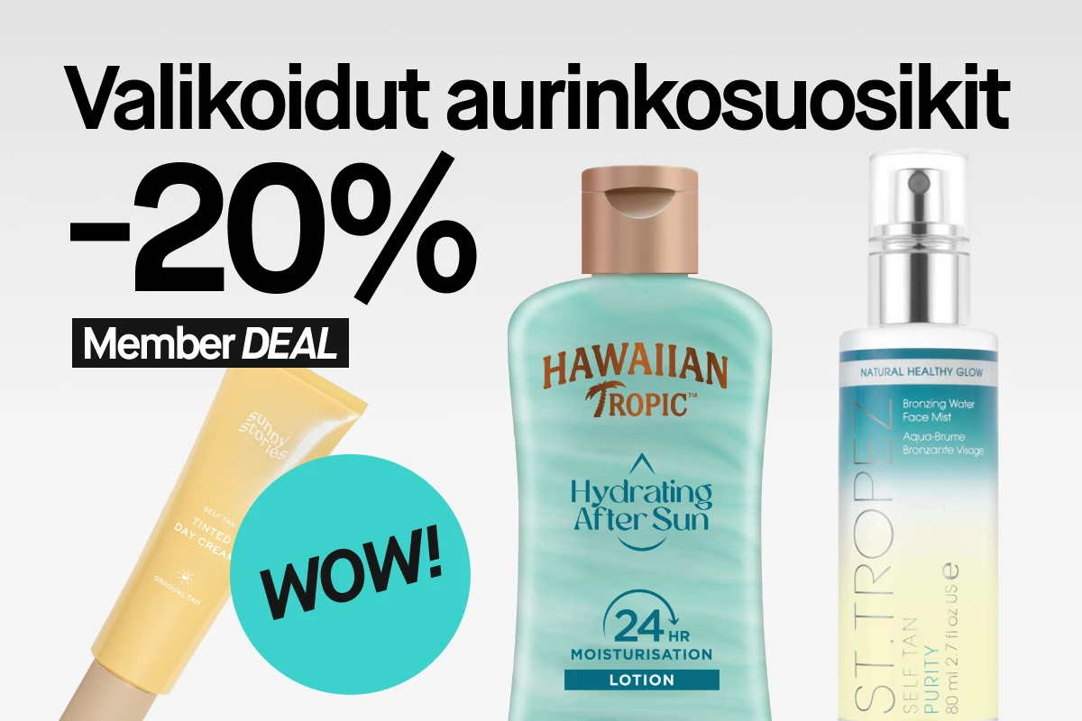 Valikoidut aurinkosuosikit -20% Member Deal. Kuvassa Sunny Stories Tinted Day Cream, Hawaiian Tropic Hydrating After Sun Lotion ja St. Tropez Bronzing Water Face Mist.