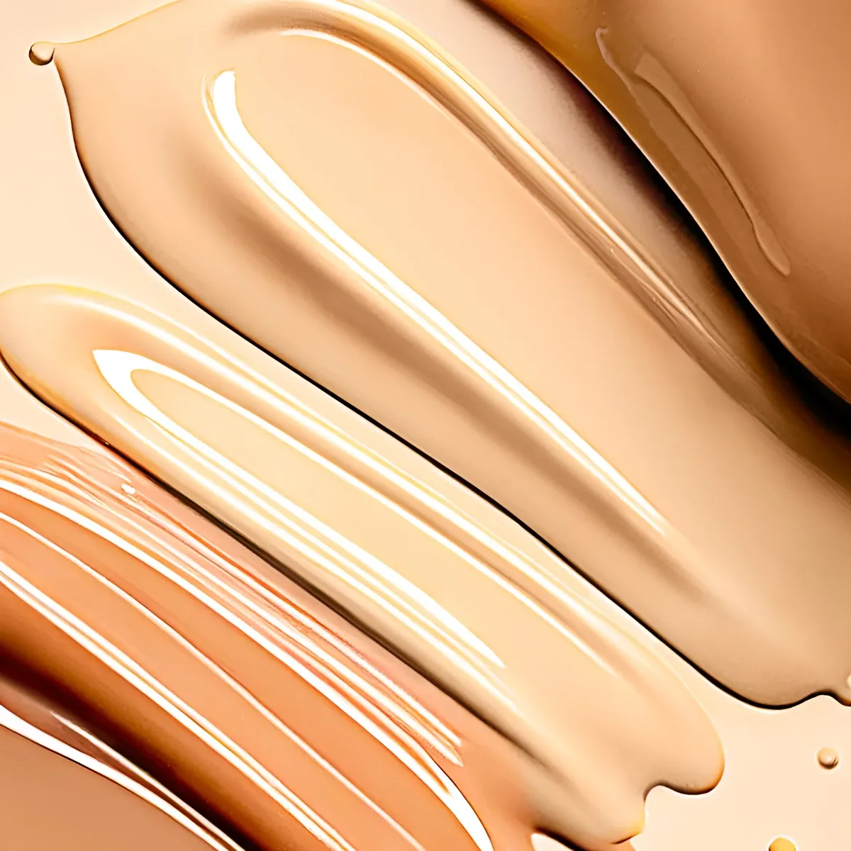 Foundation i brune nyanser, spredd utover et beige underlag.