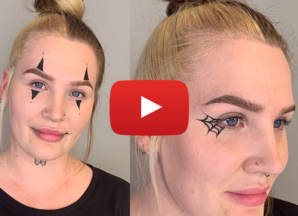 Bilde av kvinne i to forskjellige sminker laget med eyeliner. Den ene sminken er klovn og den andre er katt.